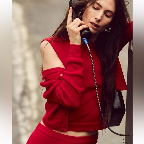 NWT J CREW Featherweight cashmere pointelle shrunken cardigan sweater in red - Picture 7 of 11